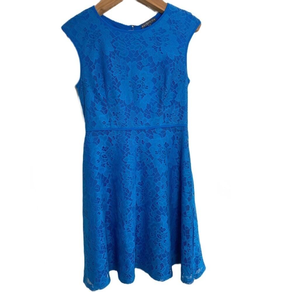 Brixon Ivy Womens Blue Fit and Flare Cap Sleeve Dress With Floral Lace Overlay 6